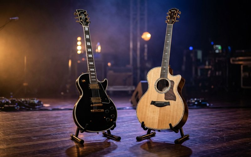 Elektrinė gitara Gibson ir akustinė gitara Taylor scenoje
